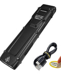 Ultra Slim EDC Flashlight With 3100 Lumens USB C Rechargeable Dual Switch Pocket Badass Light, USB-C cable, and button demonstration