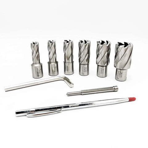 Six annular cutters with Weldon shanks for mag drill, 3/4 inch size, HSS M2; includes hex key and pilot pin