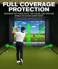 Golfer using 11 By 8 Ft Golf Simulator Enclosure With HD Dual Layer Impact Screen, Side Barriers in home setup.