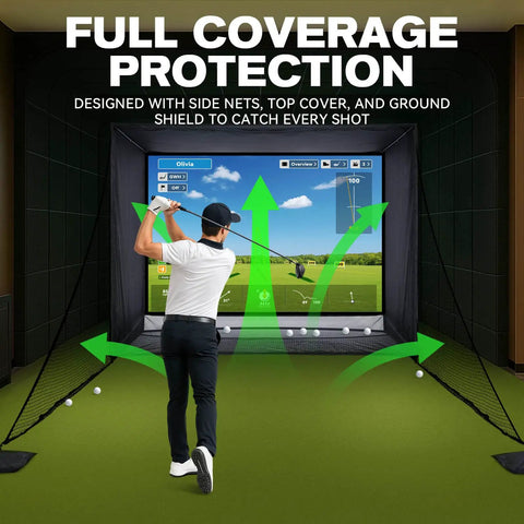 Golfer using 11 By 8 Ft Golf Simulator Enclosure With HD Dual Layer Impact Screen, Side Barriers in home setup.