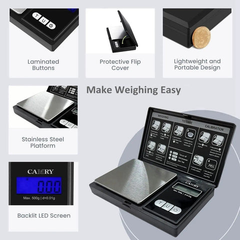 Digital Pocket Scale 500g With 0.01g Accuracy For Grams Ounces Grains Ct Dwt Ozt Tare Function And LCD Backlight, open with features