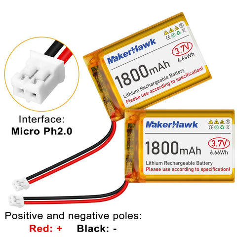 Two-Pack 3.7V 1800mAh LiPo Battery With JST 2.0 Plug Includes 1A USB Charger Cable And Protection Board high capacity power