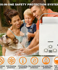 Family using Propane Portable Instant Water Heater Features Digital Display And Delivers Wicked Warm Flow for dog washing outdoors.