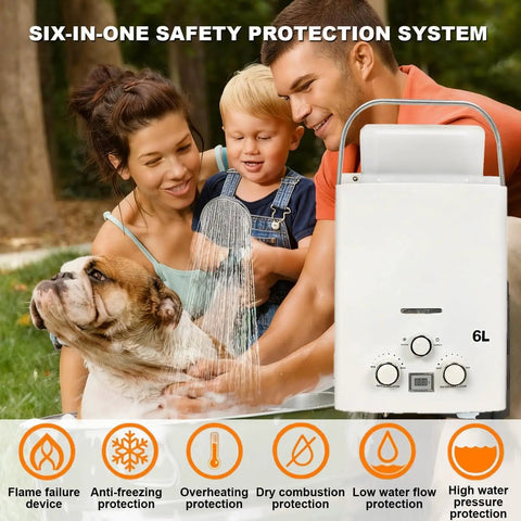 Family using Propane Portable Instant Water Heater Features Digital Display And Delivers Wicked Warm Flow for dog washing outdoors.