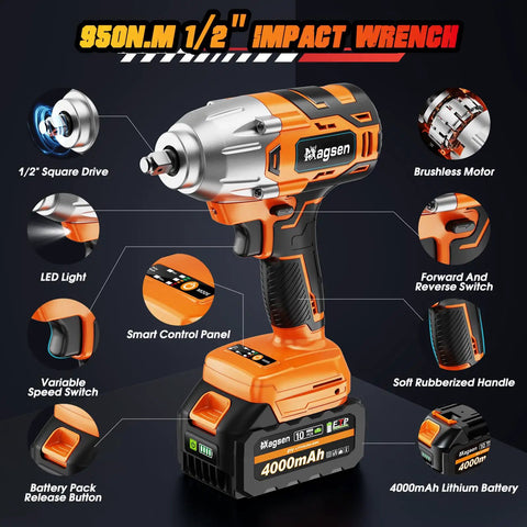 Magsen Cordless Impact Wrench With 700 Ft-Lbs High Torque Brushless Motor And 21V Dual Batteries Includes Six Sockets Hard Case For Car Tire Lug Nut Removal Home Auto Mechanic Tools Heavy Duty Power, showcasing features like a brushless motor and smart control panel.