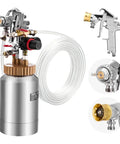 Badass Paint Pressure Pot With 2 Liter Tank And Dual Spray Guns Plus Long Hoses For Slick Smooth Finishes On Cars Furniture And Fences Up to 45 Psi Compressor Not Included, detailed view of spray pot and nozzles.
