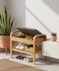 Two Pack Lid Support Hinges, Rotatable Folding Black Cabinet Hinges With Soft Close Locking installed on a storage bench lid.