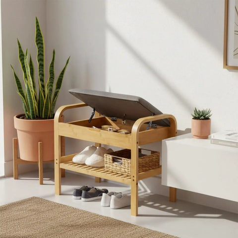 Two Pack Lid Support Hinges, Rotatable Folding Black Cabinet Hinges With Soft Close Locking installed on a storage bench lid.