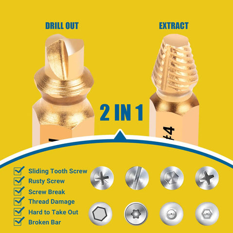Damaged Screw Extractor Set 13-Piece With Spiral Extractors And Double-Head Bits image showing drill out and extract bits