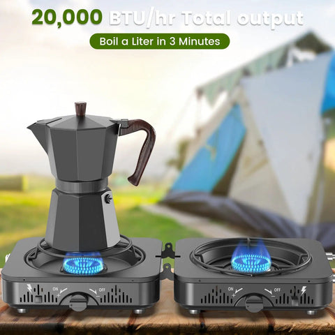 2 Burner Propane Camping Stove With 20,000 BTU Total Heat, Foldable Portable Camp Stove With Piezo Ignition and adjustable burners