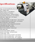 Specifications for JARYANNIX 8X32 Inch Mini Metal Lathe Machine, 110V 4-Way Tool Post Benchtop Turner with detailed features.