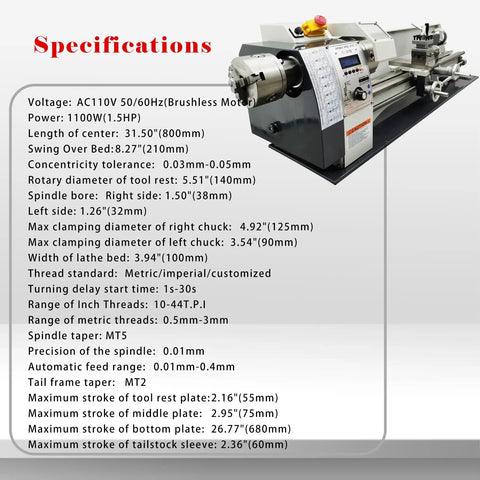 Specifications for JARYANNIX 8X32 Inch Mini Metal Lathe Machine, 110V 4-Way Tool Post Benchtop Turner with detailed features.