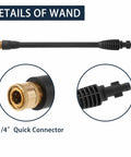 Details of the wand for the Beefed Up High Pressure Washer Replacement Gun With Jet Wand And 5 Spray Nozzle Tips For Karcher Ryobi Greenworks And PowerStroke Electric Washers Not For Gas Units, showing 1/4 inch quick connector and design details.