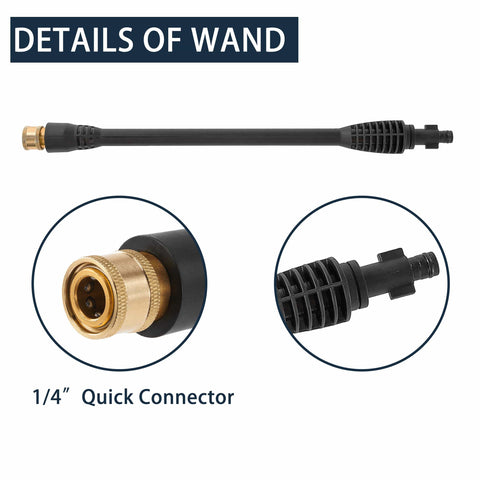 Details of the wand for the Beefed Up High Pressure Washer Replacement Gun With Jet Wand And 5 Spray Nozzle Tips For Karcher Ryobi Greenworks And PowerStroke Electric Washers Not For Gas Units, showing 1/4 inch quick connector and design details.