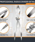 Dead Center Precision 12 Inch Radius Divider Tool And Layout Compass showing heavy-duty design and steel tips for precise marking.