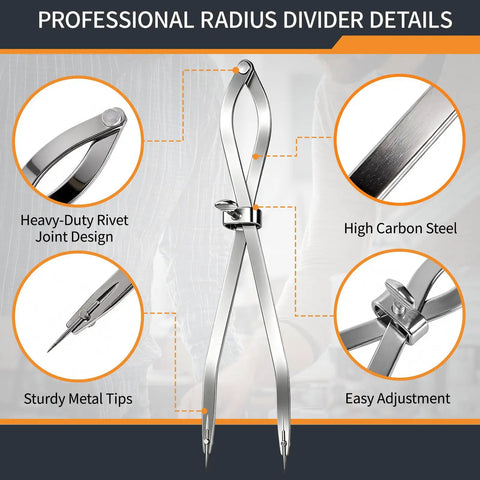 Dead Center Precision 12 Inch Radius Divider Tool And Layout Compass showing heavy-duty design and steel tips for precise marking.