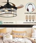 36in retractable ceiling fan with lights and remote, black cage design, six speeds, quiet DC motor, three bulbs, farmhouse style.