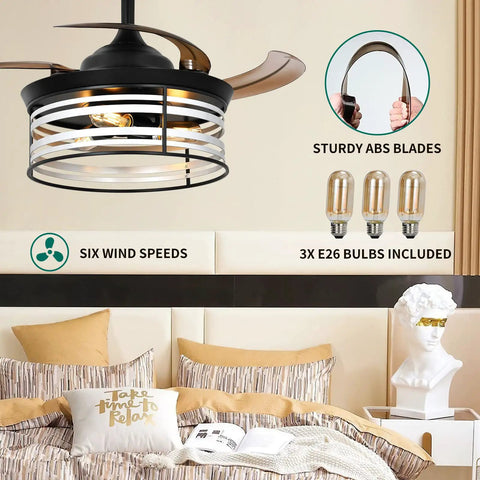 36in retractable ceiling fan with lights and remote, black cage design, six speeds, quiet DC motor, three bulbs, farmhouse style.