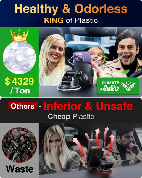 Military Grade Heavy Duty Car Phone Mount With Slam Suction Grip And Patented Safety Lock For Dashboard Windshield Vent supports all modern smartphones, shown in a car setting.