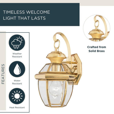 Newbury Outdoor Wall Lantern 12 Inch 1 Light Polished Brass Sconce With Clear Beveled Glass French Country Exterior Light