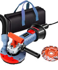 Beast 5 Inch Concrete Grinder With Dust Extraction Shroud 1500W Diamond Cup Wheel For Aggressive Concrete Prep And Floor Adhesive Removal From Carpet Vinyl And Tile, shown with carrying case and extra wheel