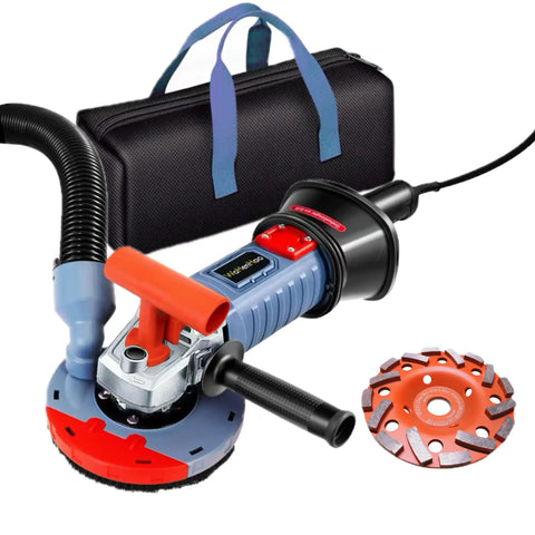 Beast 5 Inch Concrete Grinder With Dust Extraction Shroud 1500W Diamond Cup Wheel For Aggressive Concrete Prep And Floor Adhesive Removal From Carpet Vinyl And Tile, shown with carrying case and extra wheel