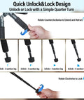 Instructional diagram showing the quick-locking mechanism of the Compact Mini Desktop Tripod for DSLR and devices with extendable legs.