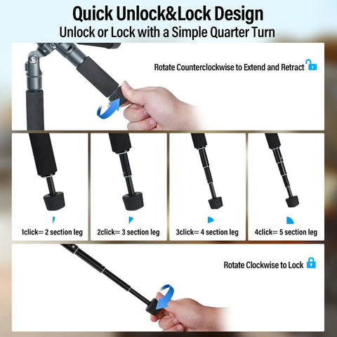 Instructional diagram showing the quick-locking mechanism of the Compact Mini Desktop Tripod for DSLR and devices with extendable legs.