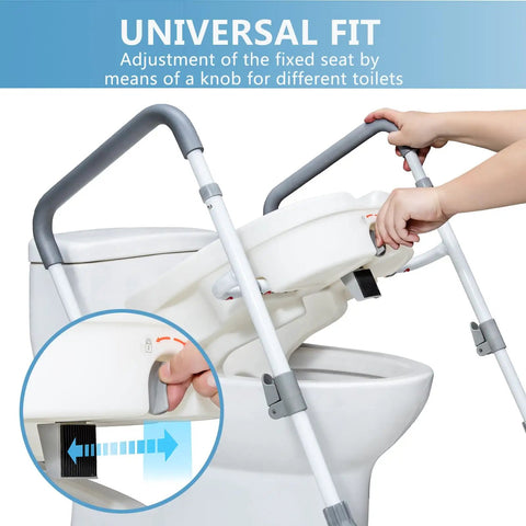 Super Steady Raised Toilet Seat With Secure Grab Bars And Anti Tip Legs Adds Five Inch Lift For Seniors Delivers Rock Solid Support And Makes Getting Up Easy As Pie
