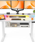 Ergonomic Electric Standing Desk 55 By 28 Inch Adjustable Sit Stand Workstation with dual monitors, shelves, and LED lights.