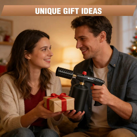 Couple holding Powerful Propane Torch With Safety Lock And Adjustable Flame For Kitchen Grilling Sous Vide And Charcoal Lighter