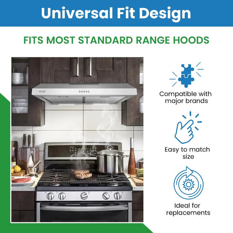 Replacement Aluminum Range Hood Filter For OEM Style Fit Easy Fit Compatible With Broan shown in kitchen with stove