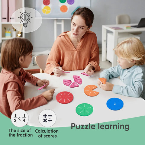 Teacher and kids using Magnetic Fraction Tiles Circle Set For Kids, 51 Pieces Rainbow Math Manipulatives in classroom activity