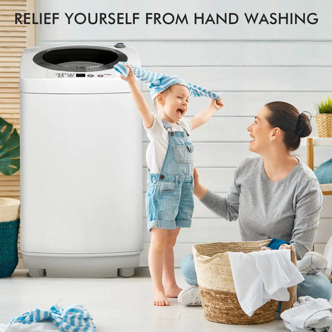 Full Auto Portable Washing Machine, 8 Pounds Compact Laundry Washer Spin Dryer Combo With Led Display in a home setting with mother and child.