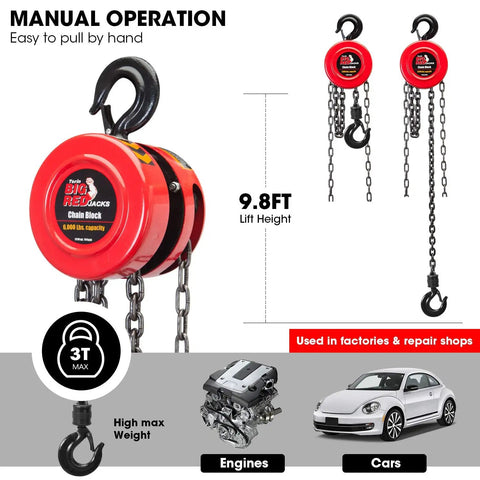 Top Shelf Manual Chain Block Hoist With Double Hook Setup And Precision Load Brakes Built Tough For Six Thousand Pound Lifting Jobs Around The Shop Without Breaking A Sweat, featuring a 9.8ft lift height.