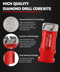 Front view of DAYDOOR 11-piece diamond hole saw kit in red with vacuum-brazed diamond cores for tile.
