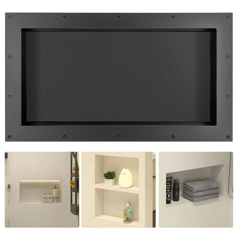 Tile Ready Recessed Shower Niche 16x28 Outer, 24x12 Inner, Single Shelf Bathroom Organizer For Showers in black ABS plastic.