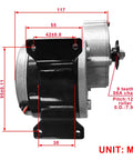 Side view of 24V 350W Geared Electric Motor MY1016Z3 With 9 Tooth Sprocket For E Scooter, dimensions in mm, beefed up torque