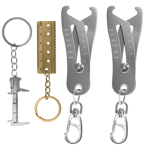 Bolt Size Finder Keychain Set With Mini Vernier Calipers And Ruler SAE Five Sixteenths To One Inch And Metric Eight To Twenty Five Millimeters Nut And Bolt Size Checker Portable Handy DIY Thread Gauge Two Pack Fathers Day Gift. - Image showing two bolt size checkers and keychains with rulers.