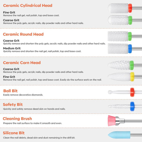 Image displaying nail drill bits including ceramic cylindrical, round, corn heads, ball bit, safety bit, cleaning brush and silicone bit from 24 Piece Nail Drill Bit Set for Acrylic Gel Nails Pro Grade Kit With Ceramic And Diamond Carbide Bits Cuticle Remover Silicone And Brush Bits Includes 8 Ceramic 9 Diamond Carbide 5 Basic Bits Ideal For Beginners And Pros.