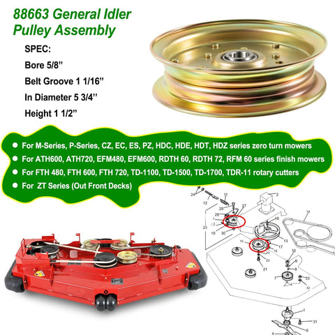 General Idler Pulley Assembly kit with gold-toned pulley for Bush Hog finish and zero-turn mowers