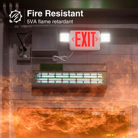 2 Pack Red Exit Signs With Emergency Lighting And 90 Minute Battery Backup, Built Tough Flame Resistant Shell, No Hassle Plug In Cord For Solid Business Safety Compliance, mounted in fire scenario.