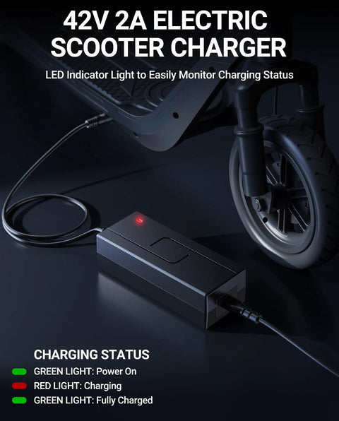 42V 2A Electric Scooter Charger With 9.8Ft Cord, LED indicator, connected to scooter, charging status lights visible
