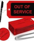 Rock Solid Waterproof Red Out Of Service Tags Bundle With Sturdy Tie Cords And Long Lasting Marking Pen for easy labeling and inspection.