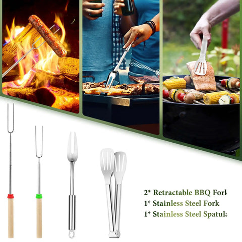 Grilling sausages and burgers with Camping Cooking Utensils Set With Stainless Steel Grill Tools And Portable Kitchen Gear.