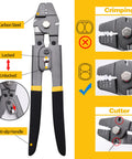 Pro Grade Heavy Duty Wire Rope Crimping Tool Kit With 328 Feet Of One Sixteenth Inch Stainless Steel Cable Aluminum Crimp Sleeves And Stainless Thimbles For Railing Decking And Picture Hanging Projects showing crimp and cutter functions.