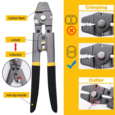 Pro Grade Heavy Duty Wire Rope Crimping Tool Kit With 328 Feet Of One Sixteenth Inch Stainless Steel Cable Aluminum Crimp Sleeves And Stainless Thimbles For Railing Decking And Picture Hanging Projects showing crimp and cutter functions.