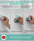 Installation steps for Vacuum Suction Cup Shower Head Holder With Removable Wand Bracket on a bathroom wall.