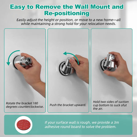 Installation steps for Vacuum Suction Cup Shower Head Holder With Removable Wand Bracket on a bathroom wall.