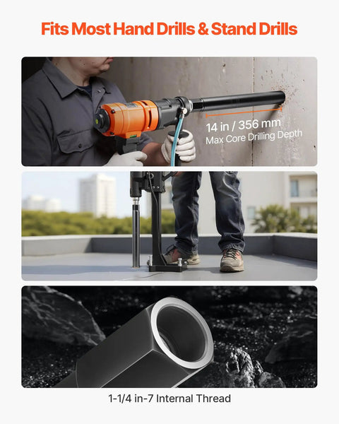 Pro Grade Wet Diamond Core Drill Bit Set For Concrete And Masonry, 6 Piece With Inch Sizes One Half, Three Quarters, One, Two, Five, Six, 14 Inch Drilling Depth, 1-1/4 In 7 UNC Thread, Heavy Duty Weld, Quick Fit For Handheld And Stand Drills depicted with drill in use, thread close-up, and installation.